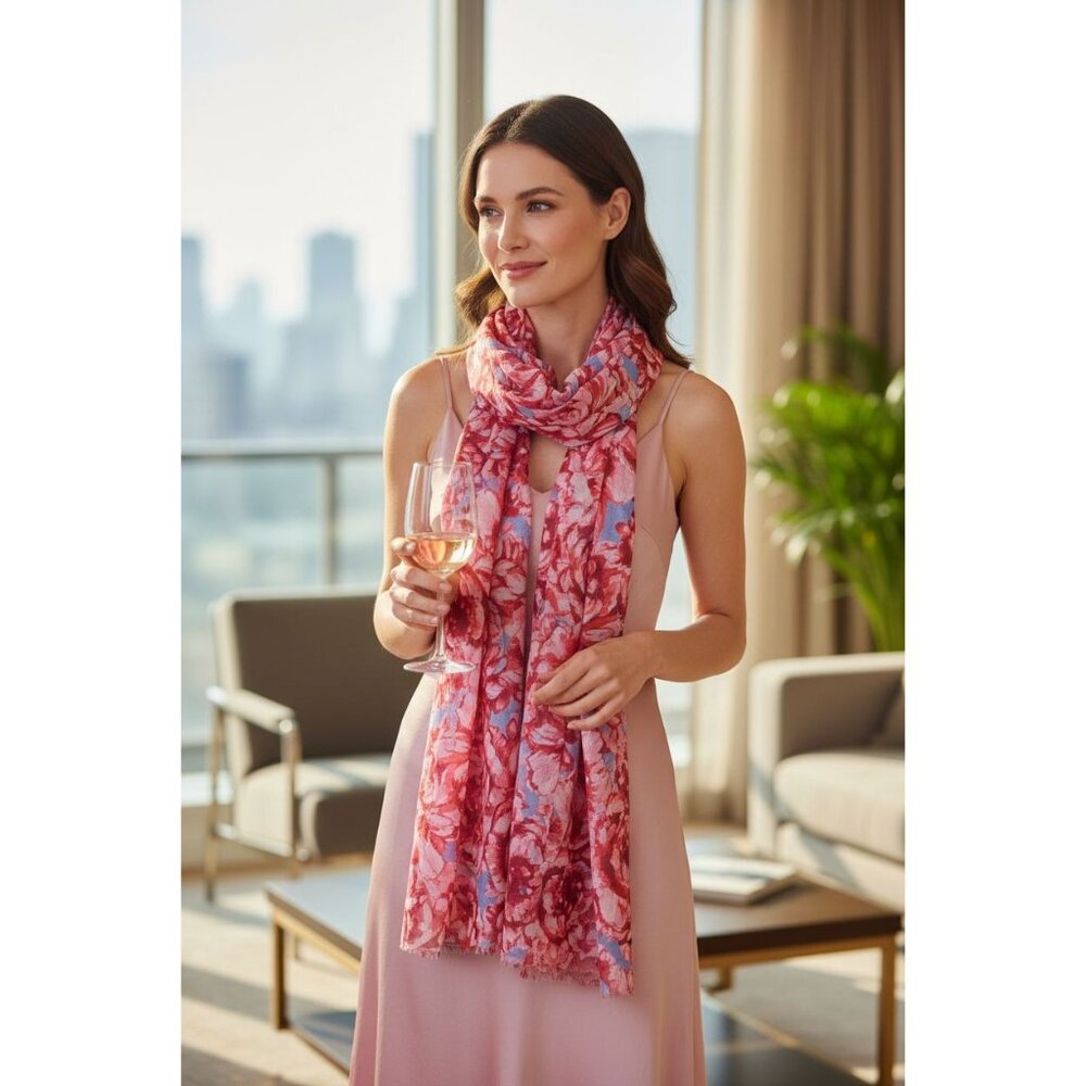 Floral Pattern Pink & Blue Lightweight Scarf Wrap For Women 72" Long x 26" Wide - Picture 2 of 16
